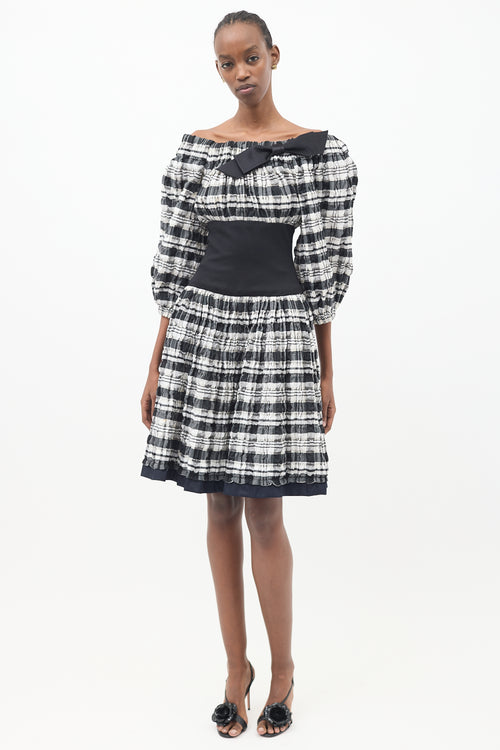 Chanel Black 
White Plaid Off Shoulder Dress