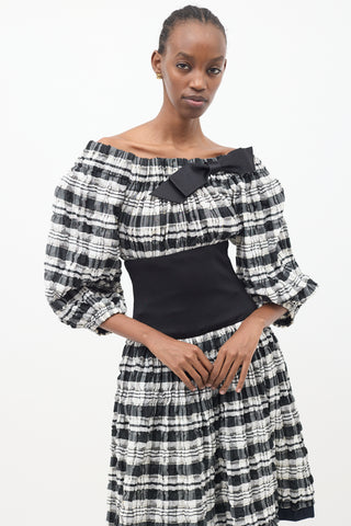 Chanel Black 
White Plaid Off Shoulder Dress