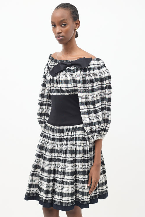 Chanel Black 
White Plaid Off Shoulder Dress