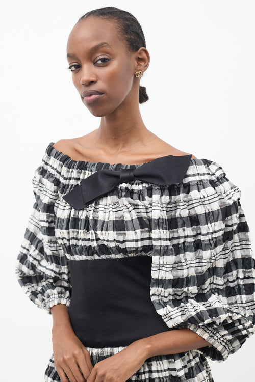 Chanel Black 
White Plaid Off Shoulder Dress