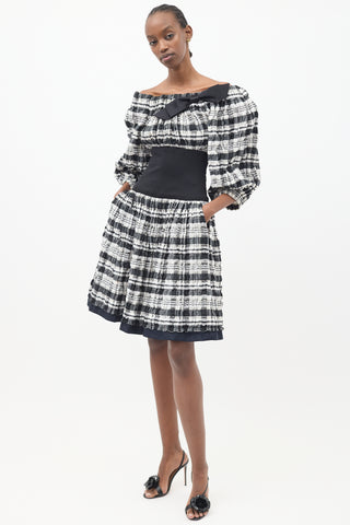 Chanel Black 
White Plaid Off Shoulder Dress