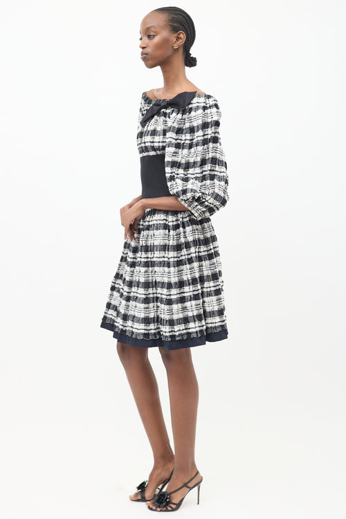 Chanel Black 
White Plaid Off Shoulder Dress