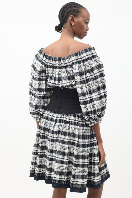 Chanel Black 
White Plaid Off Shoulder Dress