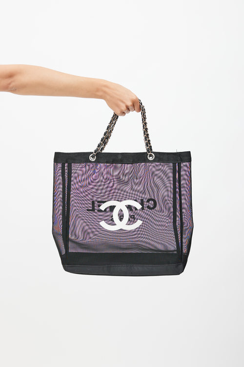 Chanel Black 
White Mesh Logo Tote Bag