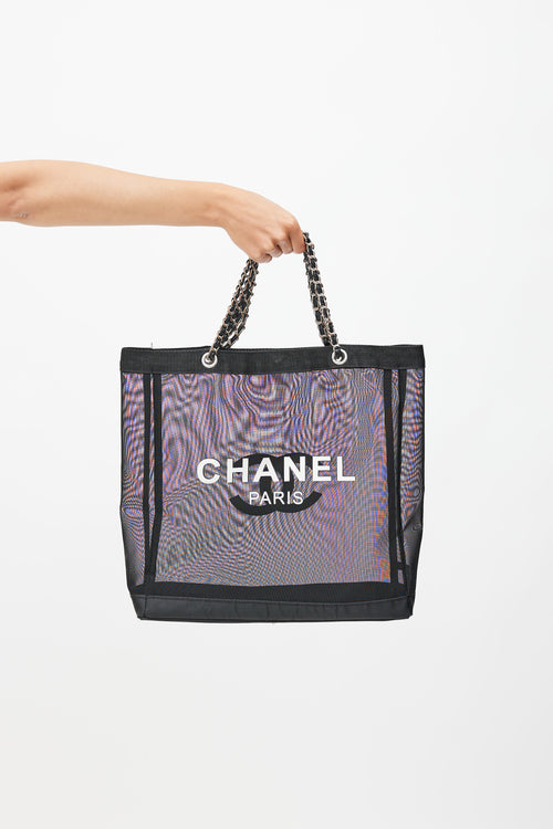 Chanel Black 
White Mesh Logo Tote Bag