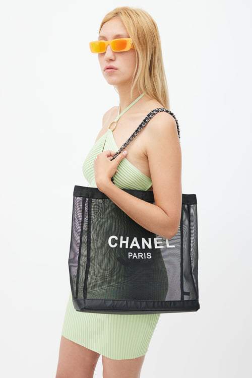 Chanel Black 
White Mesh Logo Tote Bag