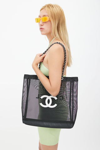 Chanel Black 
White Mesh Logo Tote Bag