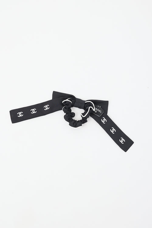 Chanel Black 
White Silk Logo Bow Scrunchie