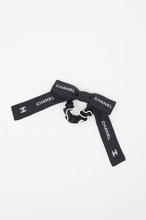 Chanel Black 
White Silk Logo Bow Scrunchie