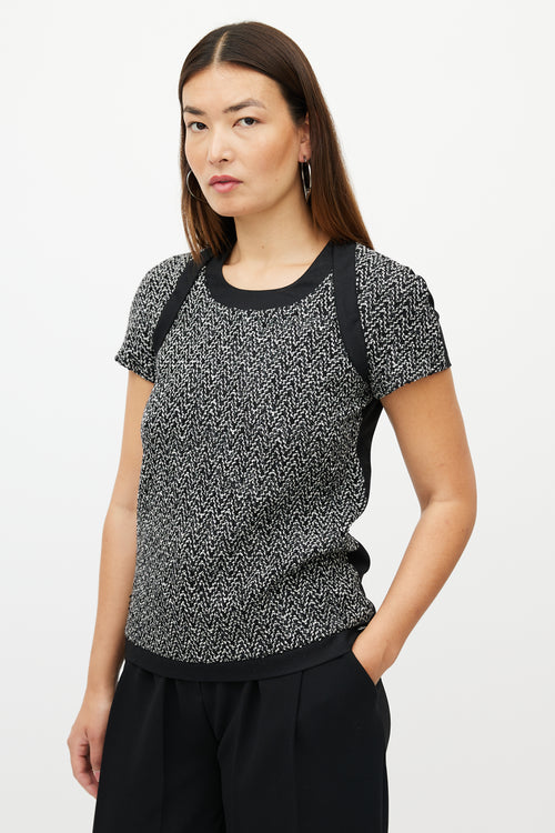 Chanel Black 
White Wool Herringbone Boucle Top