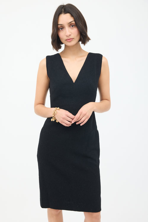 Chanel Black Wool Boucle V-Neck Sheath Dress