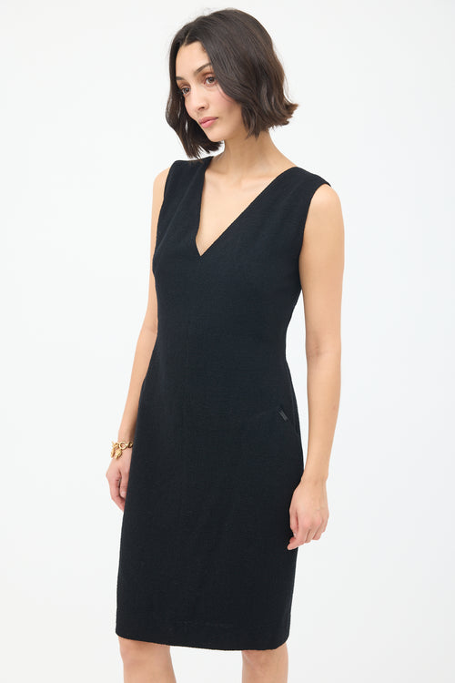 Chanel Black Wool Boucle V-Neck Sheath Dress