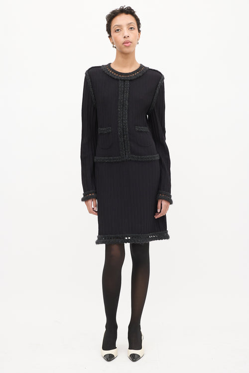 Chanel Black Wool Lattice Trim Midi Dress