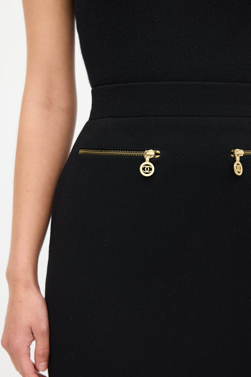 Chanel Black Zip Logo Midi Skirt