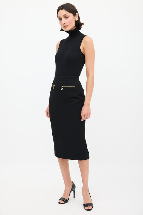 Chanel Black Zip Logo Midi Skirt