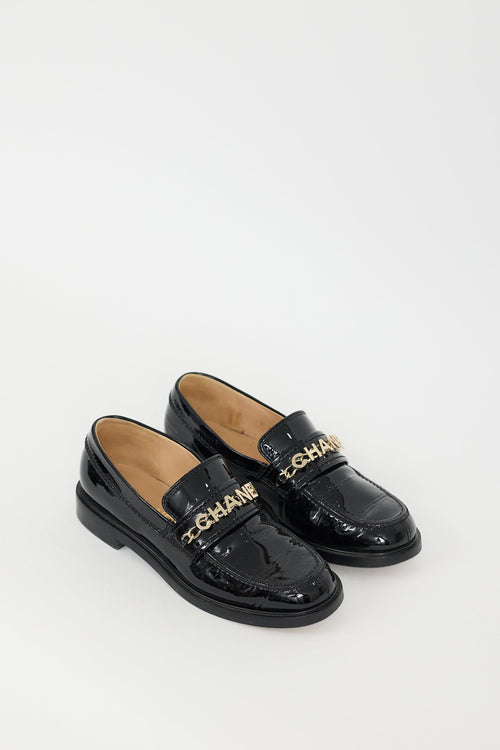 Chanel Black Patent Leather Logo Loafer