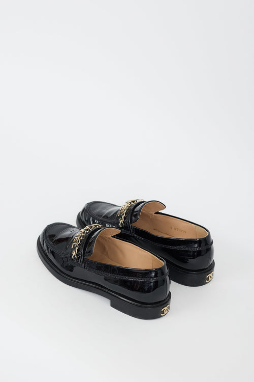 Chanel Black Patent Leather Logo Loafer