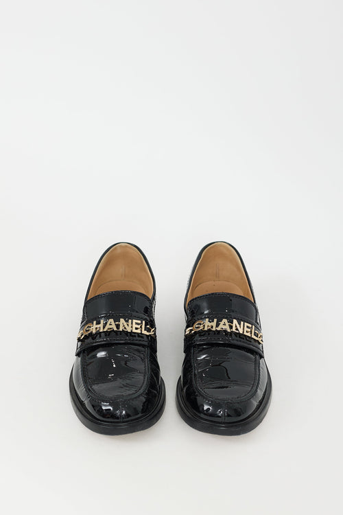 Chanel Black Patent Leather Logo Loafer