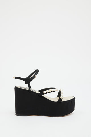 Chanel Black Canvas Pearl Embellished Platform Sandal