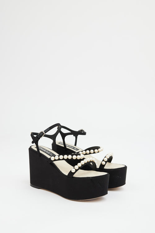 Chanel Black Canvas Pearl Embellished Platform Sandal