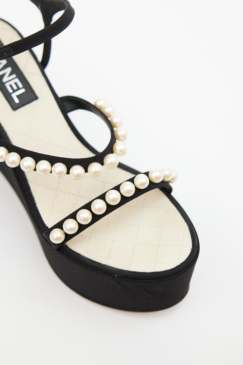 Chanel Black Canvas Pearl Embellished Platform Sandal