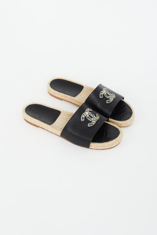 Chanel Black Embellished Logo Espadrille Slide