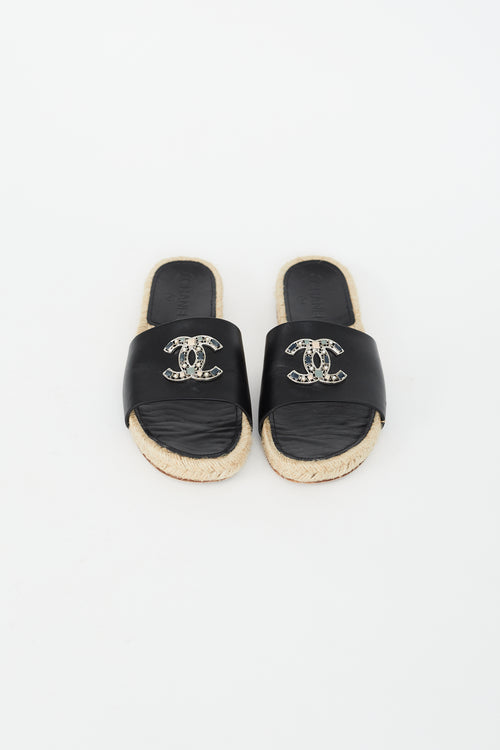 Chanel Black Embellished Logo Espadrille Slide