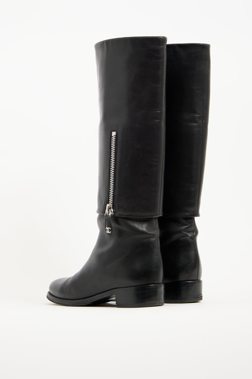 Chanel Black Leather Folded Riding Boot