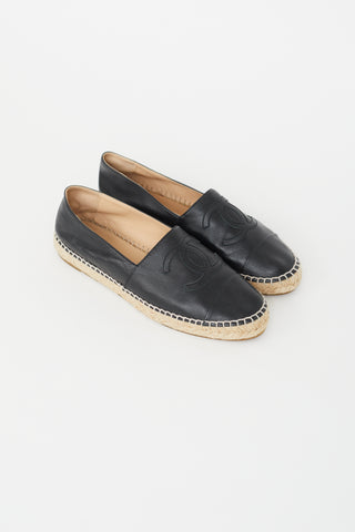 Chanel Black Leather Logo Espadrille Flat