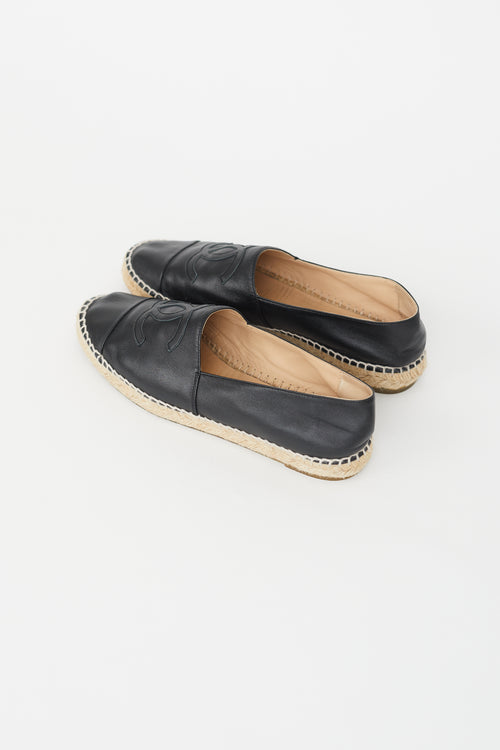 Chanel Black Leather Logo Espadrille Flat