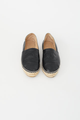 Chanel Black Leather Logo Espadrille Flat