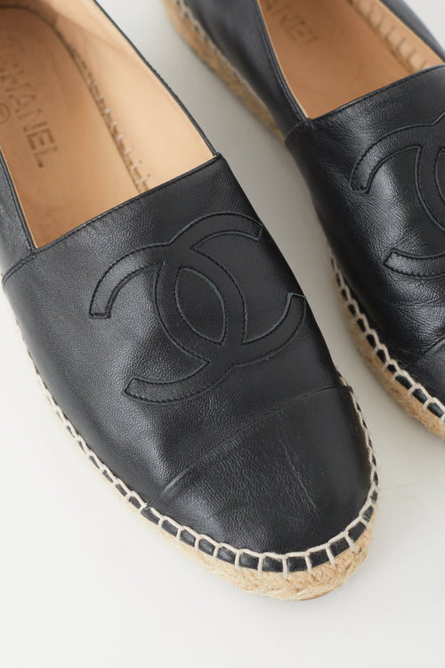 Chanel Black Leather Logo Espadrille Flat