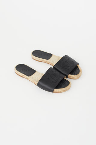 Chanel Black Leather Logo Espadrille Slide