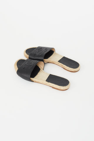 Chanel Black Leather Logo Espadrille Slide