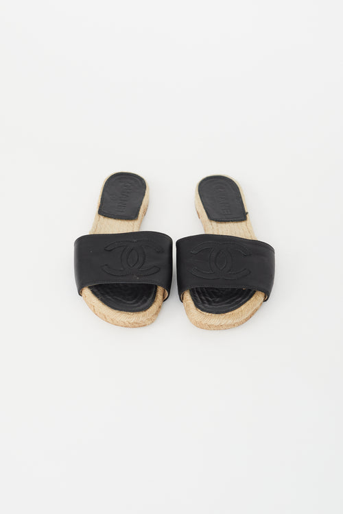 Chanel Black Leather Logo Espadrille Slide