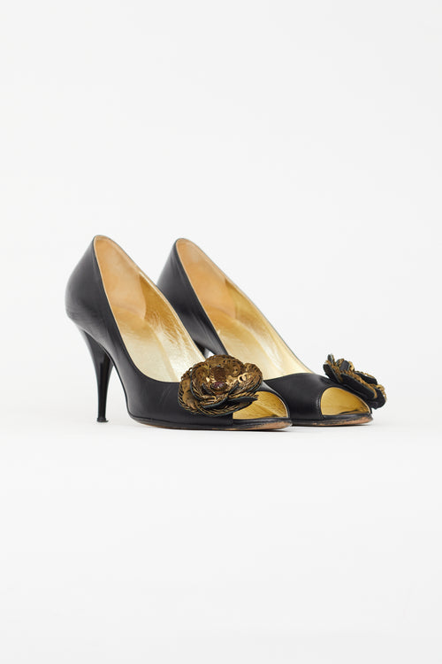 Chanel Black Leather Peep Toe Pump