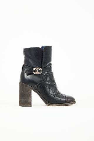 Chanel Black Leather Quilted Logo Boot