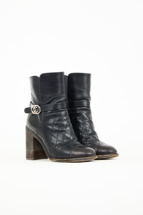 Chanel Black Leather Quilted Logo Boot