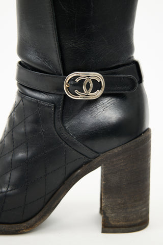 Chanel Black Leather Quilted Logo Boot