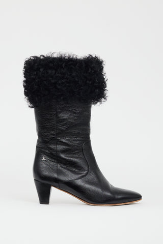 Chanel Black Patent 
Shearling CC Heeled Boot