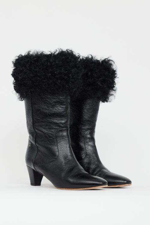 Chanel Black Patent 
Shearling CC Heeled Boot