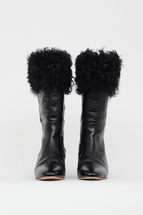 Chanel Black Patent 
Shearling CC Heeled Boot