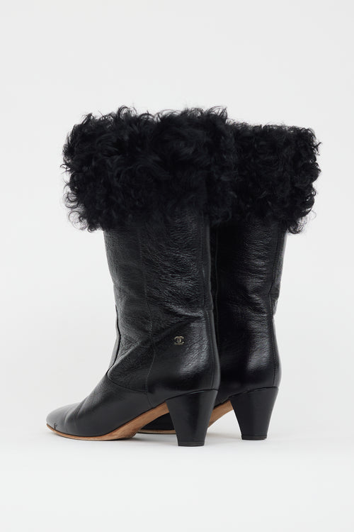 Chanel Black Patent 
Shearling CC Heeled Boot