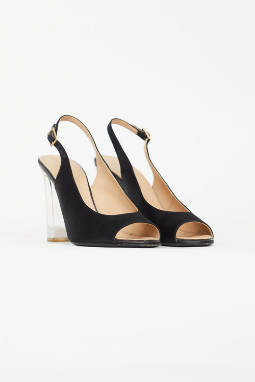 Chanel Black Satin Lucite Heel Slingback Pump