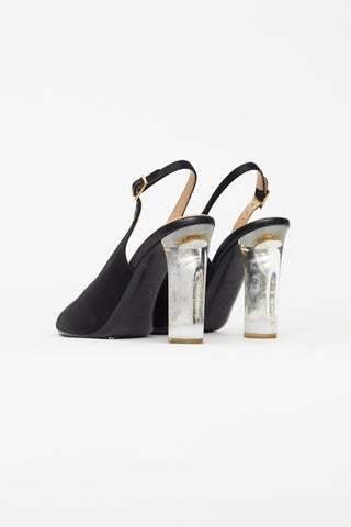 Chanel Black Satin Lucite Heel Slingback Pump