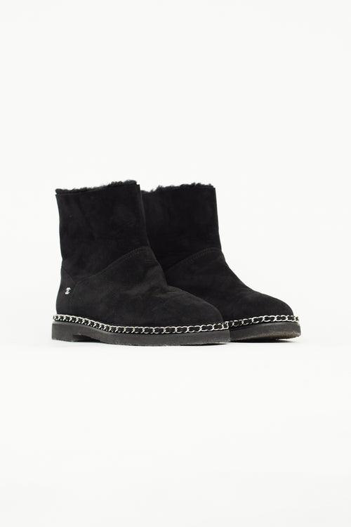 Chanel Black Suede 
Shearling Chain Ankle Boot