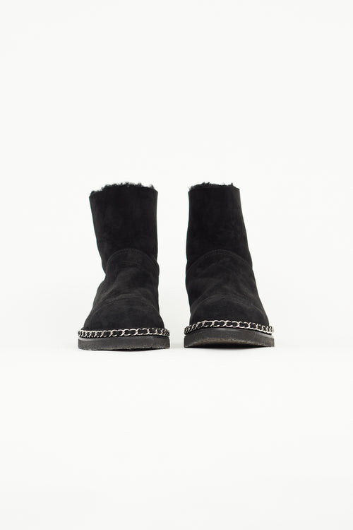 Chanel Black Suede 
Shearling Chain Ankle Boot