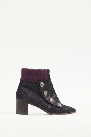 Chanel Black 
Purple Suede 
Ribbed Knit Boot