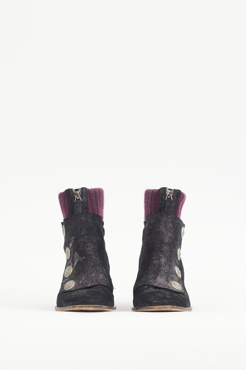 Chanel Black 
Purple Suede 
Ribbed Knit Boot