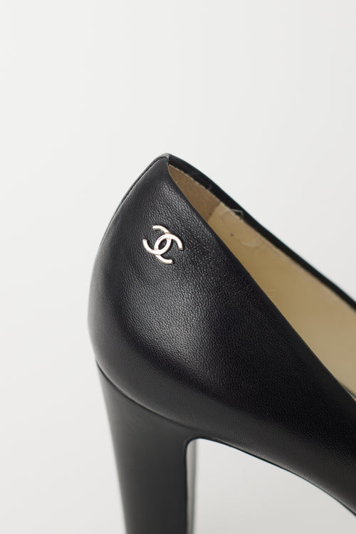 Chanel Black 
Silver CC Chain Peep Toe Pump